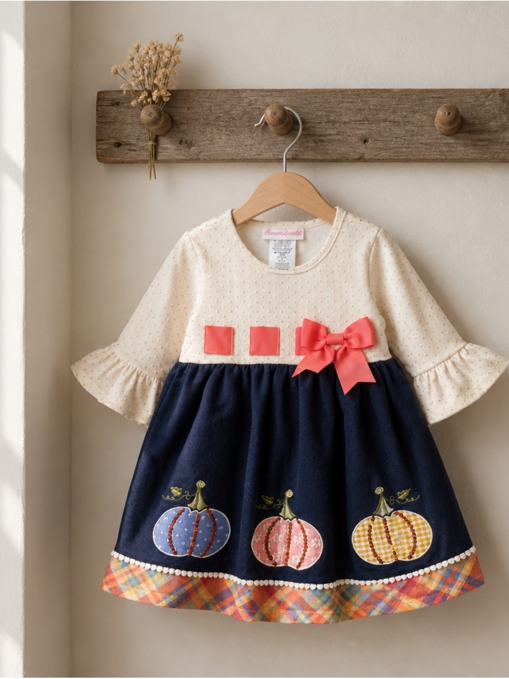 Bonnie Jean Cream, Navy & Coral Pumpkin Patch Dress